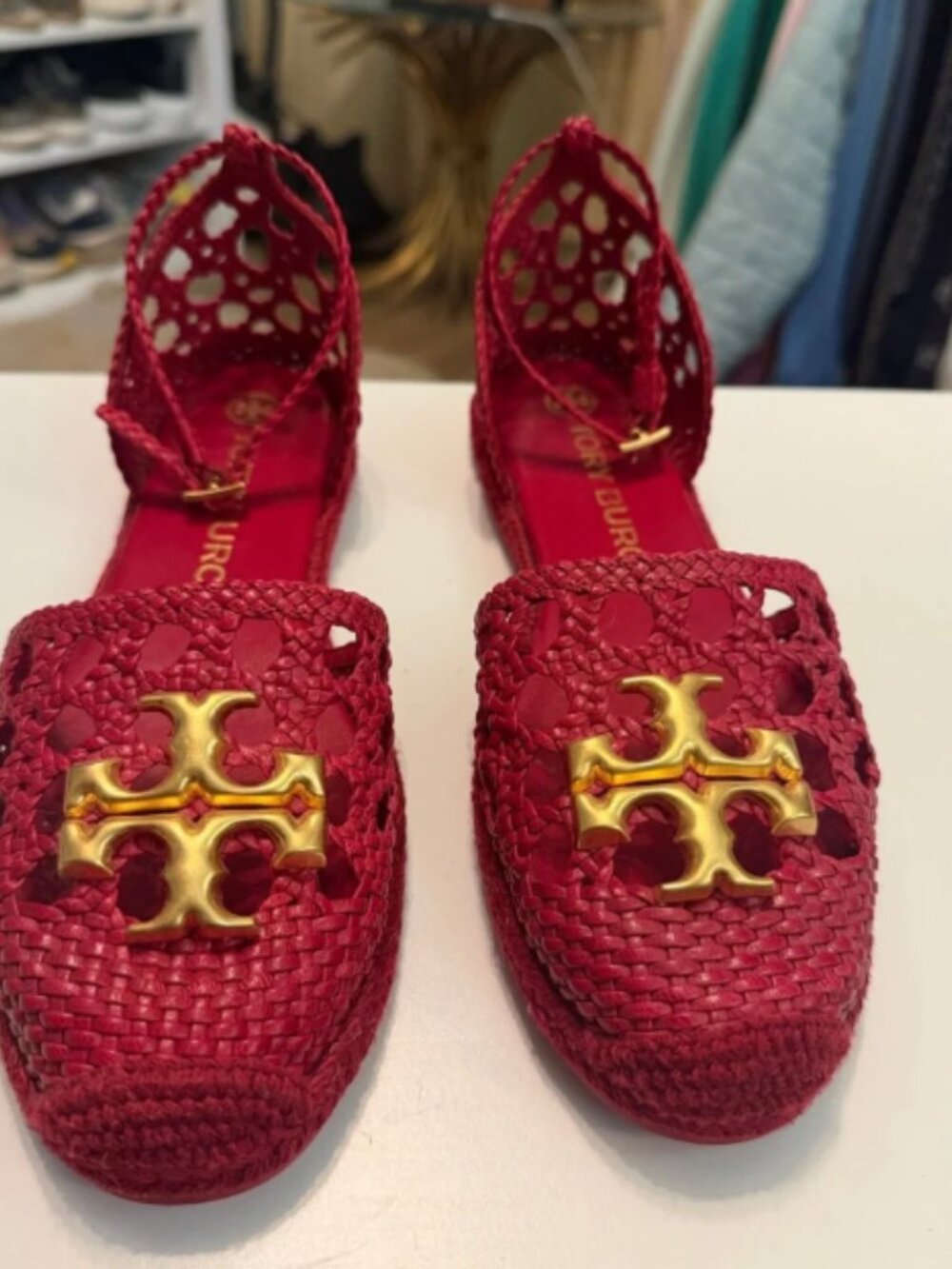 Tory Burch Red Braided Espadrille Flat - Gold Logo